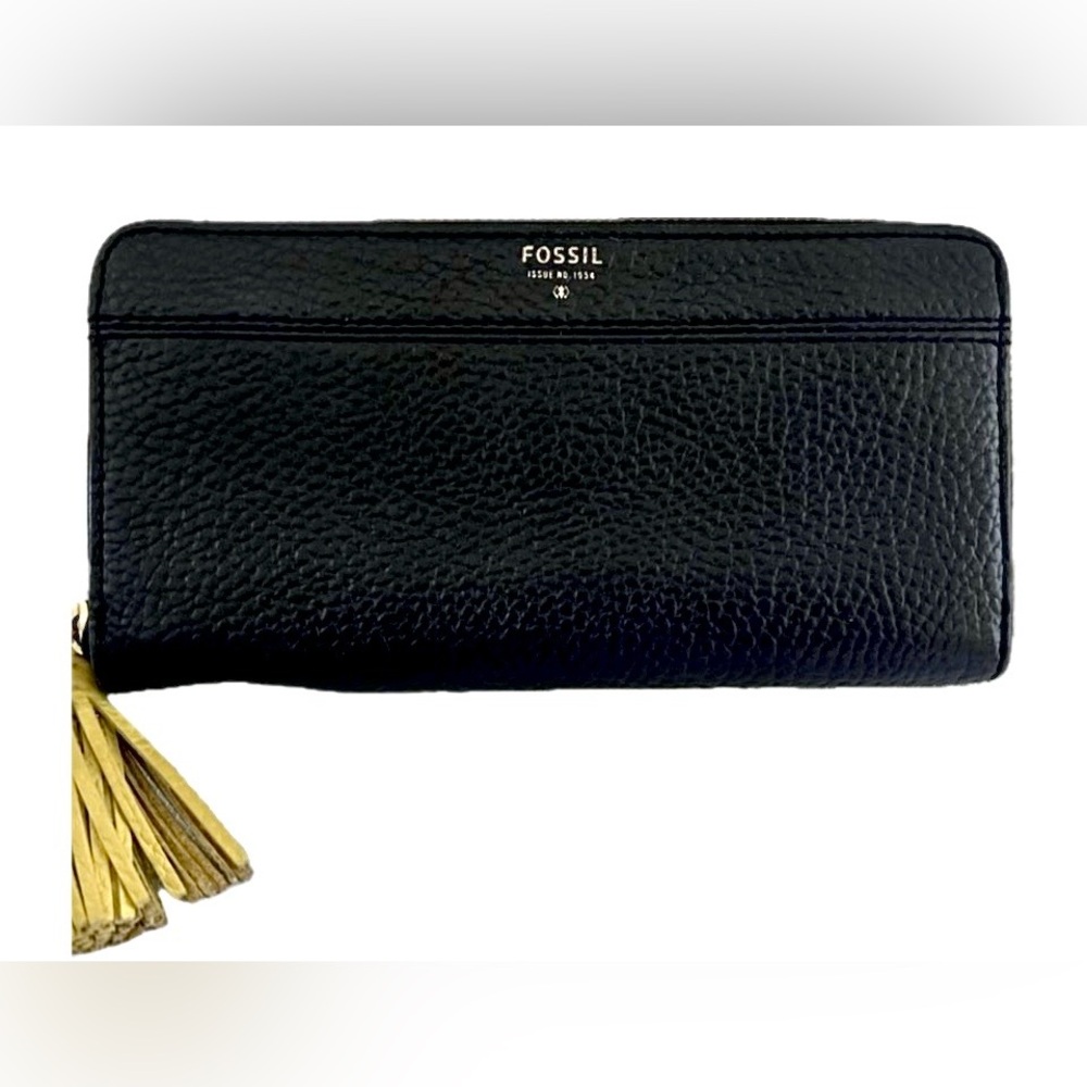FOSSIL Pebble LEATHER Wallet Black Yellow Tassel Zip A Round Closure No Callouts - Picture 3 of 15
